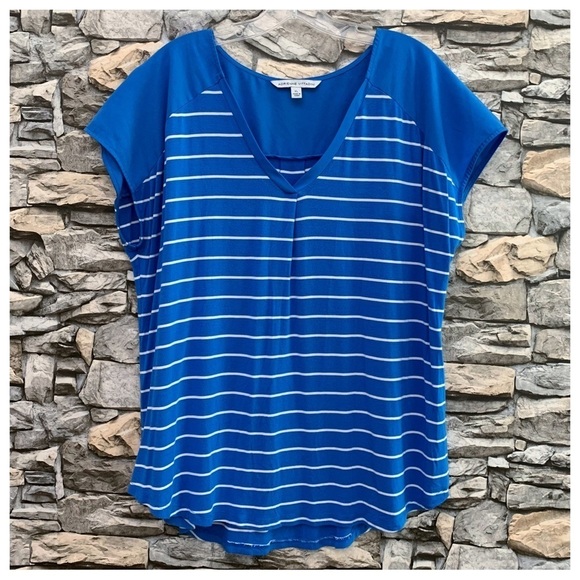 #170 Adrienne Vittadini High Low V-Neck Blue White Striped Blouse Shirt Top XL - Picture 1 of 2